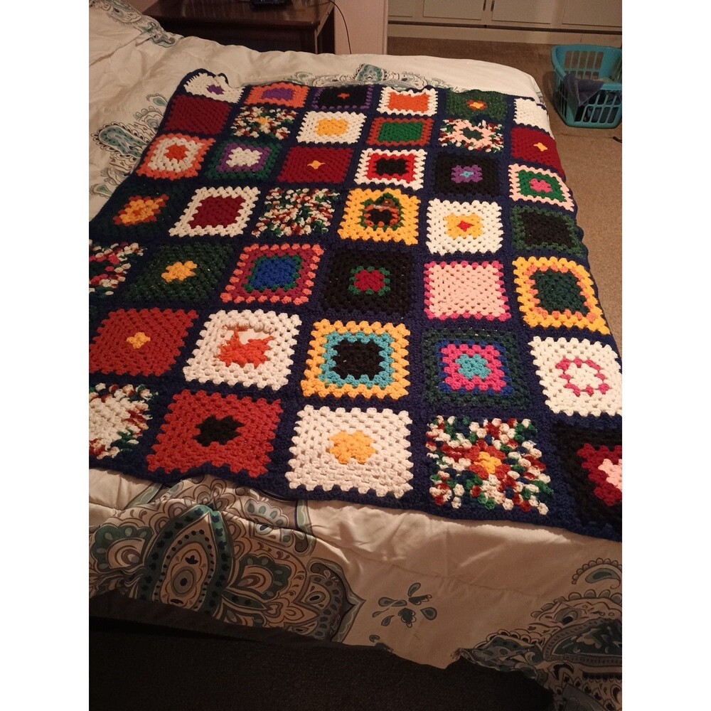 Vintage Granny Square Crocheted Afghan Blanket Quilt Large Colorful. Read!!!